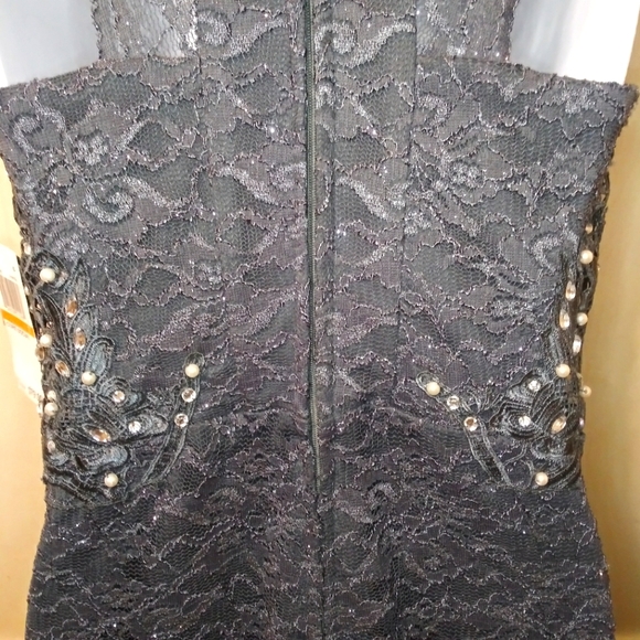 City Studio Pearl & Rhinestone Studded Sparkly Gray Lace Sheath Cocktail Dress - Picture 9 of 14